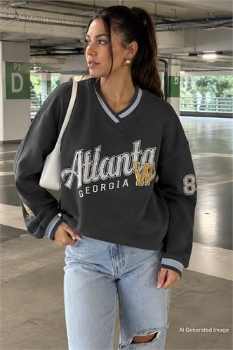 Smoke Gray Printed V Neck Sweatshirt MG1576