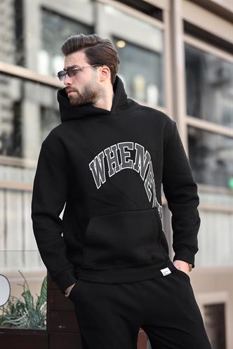 Siyah Kapüşonlu Baskılı Cep Detaylı Erkek Sweatshirt E7065