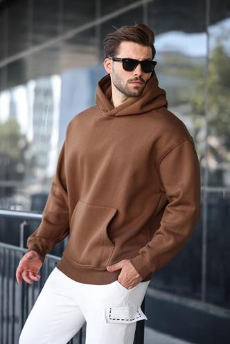 Kahverengi Kapüşonlu Kanguru Cep Erkek Sweatshirt E7169