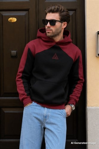 Bordo Kapüşonlu Cep Detaylı Nakışlı Sweatshirt E7085