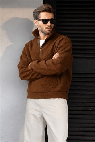 Kahverengi Yarım Fermuarlı Dik Yaka Polar Sweatshirt E7165