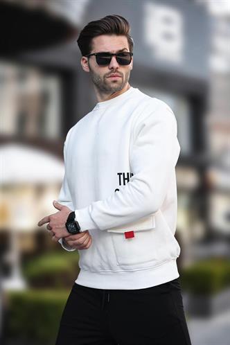 Ekru Bisiklet Yaka Şardonlu Cep Detaylı Baskılı Erkek Sweatshirt 7061