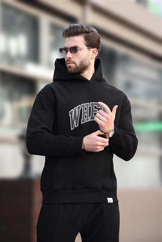 Siyah Kapüşonlu Baskılı Cep Detaylı Erkek Sweatshirt E7065