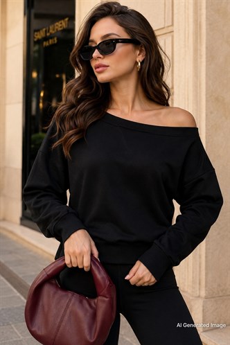 Siyah Kayık Yaka Kadın Sweatshirt MG2239