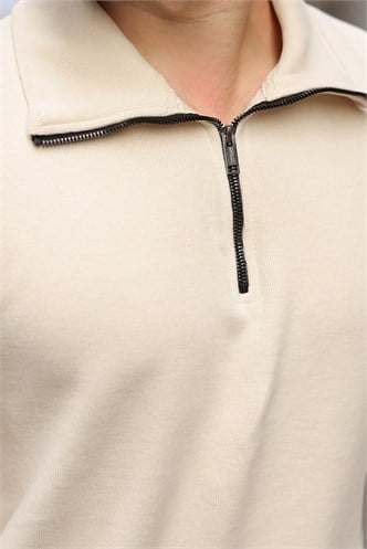 Bej Dik Yaka Yarım Fermuarlı Erkek Sweatshirt E7211