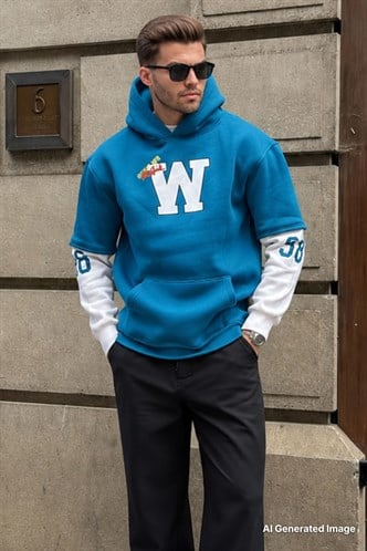 Petrol Mavisi Nakışlı Kapüşonlu Sweatshirt 6141