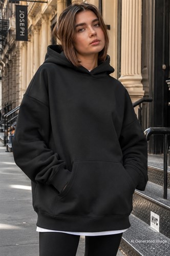 Siyah Kapüşonlu Şardonlu Oversize Cepli Sweatshirt MG2206