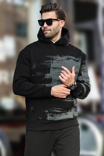 Siyah Kapüşonlu Desenli Cep Detaylı Erkek Sweatshirt 7059