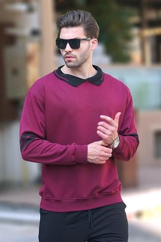 Bordo Polo Yaka Oversize Kolu Şeritli Erkek Sweatshirt 7048