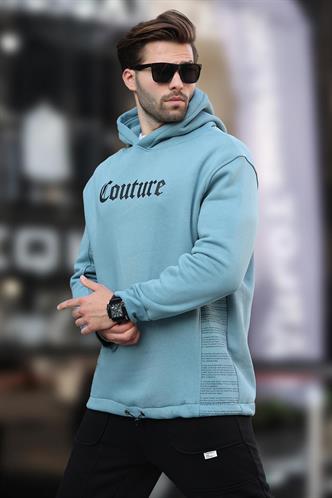 Mavi Kapüşonlu Baskılı Erkek Sweatshirt 7090