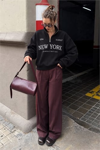 Siyah Yarım Fermuarlı Baskılı Sweatshirt MG2240