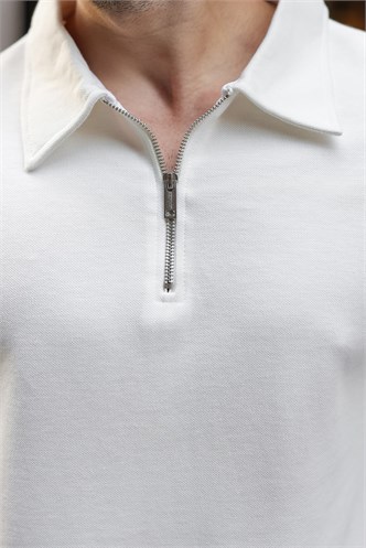 Ekru Yarım Fermuarlı Polo Yaka Dokulu Erkek Sweatshırt E7197