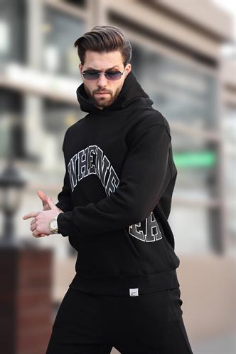 Siyah Kapüşonlu Baskılı Cep Detaylı Erkek Sweatshirt E7065
