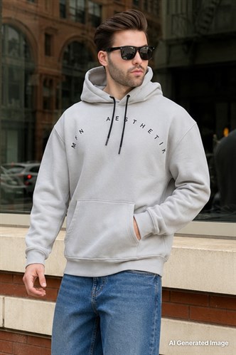 Boyalı Gri Kapüşonlu Cep Detaylı Nakışlı Erkek Sweatshirt 7054