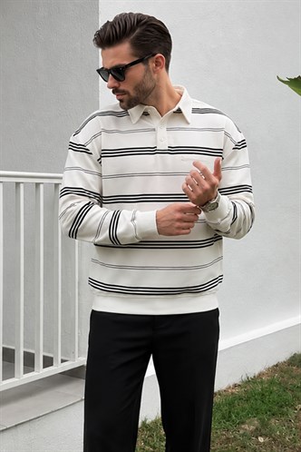 Ekru Çizgili Polo Yaka Erkek Sweatshirt E7172