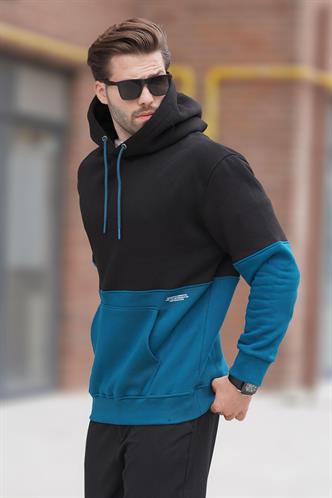 Siyah Kapüşonlu Renk Bloklu Baskı Detaylı Erkek Sweatshirt 7046