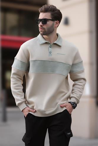 Bej Polo Yaka Renk Bloklu Erkek Sweatshirt 7072