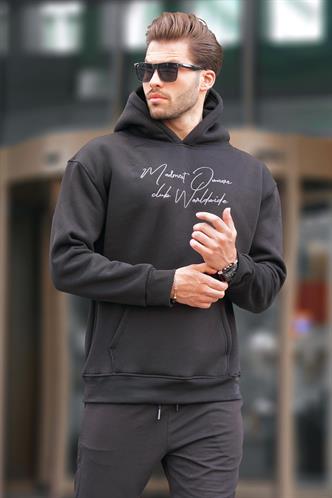 Siyah Kapüşonlu Cep Detaylı Baskılı Erkek Sweatshirt 7064