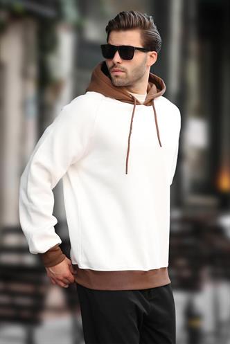 Ekru Renk Bloklu Kapüşonlu Sweatshirt 7073