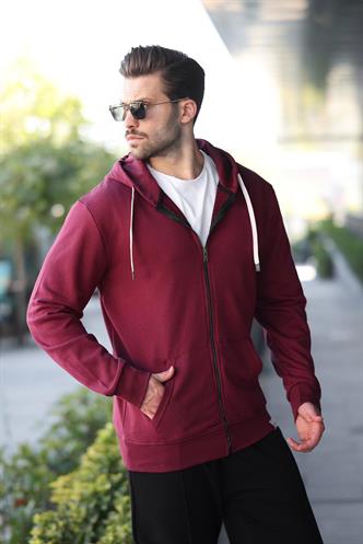 Bordo Fermuarlı Kapüşonlu Sweatshirt 6161