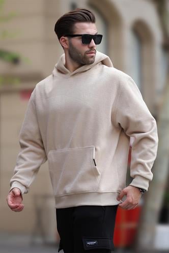 Bej Kapüşonlu Cep Detaylı Polar Erkek Sweatshirt 7093