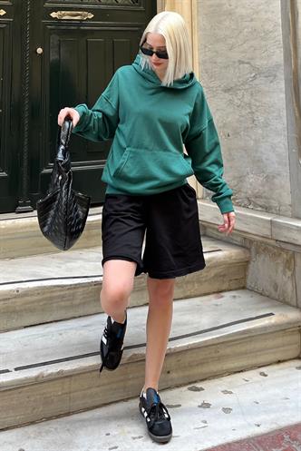 Koyu Yeşil Kapüşonlu Oversize Cepli Sweatshirt MG2207