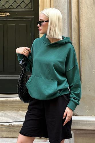 Koyu Yeşil Kapüşonlu Oversize Cepli Sweatshirt MG2207