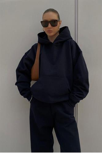 Siyah Kapüşonlu Şardonlu Oversize Cepli Sweatshirt MG2206