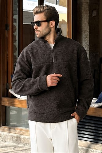 Füme Yarım Fermuarlı Dik Yaka Polar Sweatshirt E7165