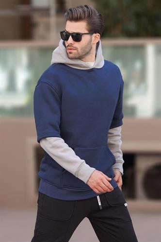 Lacivert Kapüşonlu Cep Detaylı Erkek Sweatshirt 7071