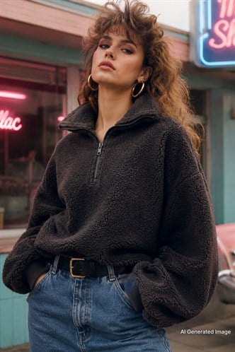Füme Peluş Fermuar Yaka Sweatshirt MG1413