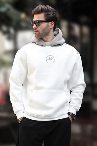 Ekru Kapüşonlu Renk Bloklu Nakış Detaylı Erkek Sweatshirt 7088