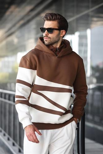 Kahverengi Kapüşonlu Fermuar Yaka Desenli Erkek Sweatshirt E7162