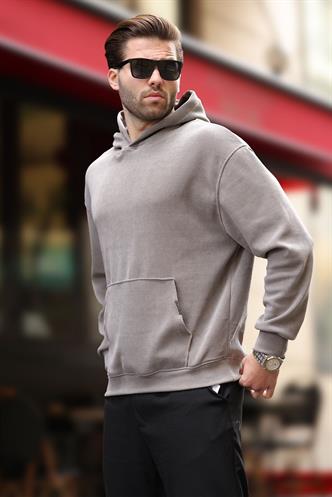 Gri Kapüşonlu Cep Detaylı Dokulu Sweatshirt E7101