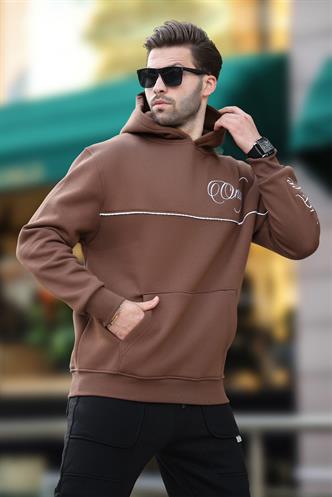 Kahverengi Kapüşonlu Şerit Detaylı Baskılı Erkek Sweatshirt 7091