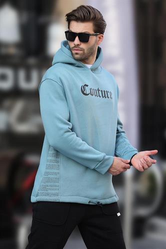 Mavi Kapüşonlu Baskılı Erkek Sweatshirt 7090
