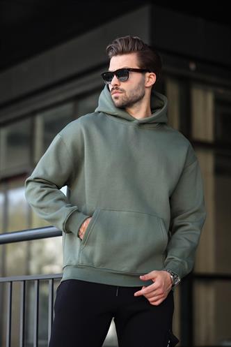 Haki Kapüşonlu Kanguru Cep Erkek Sweatshirt E7169