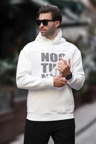 Ekru Baskılı Kapüşonlu Cep Detaylı Erkek Sweatshirt 7062