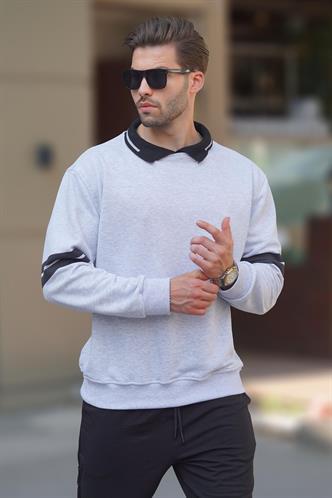 Karmelanj Polo Yaka Oversize Kolu Şeritli Erkek Sweatshirt 7048