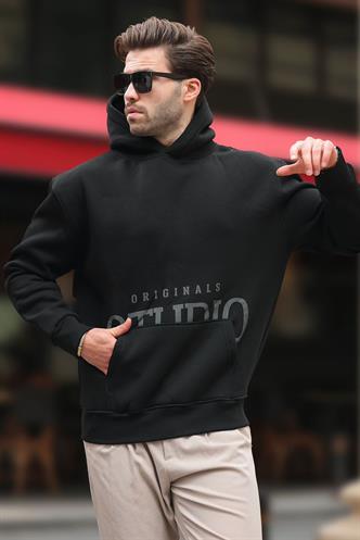 Siyah Kapüşonlu Baskılı Cep Detaylı Sweatshirt E7076