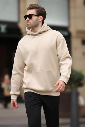 Bej Kapüşonlu Nakış Detaylı Sweatshirt 7099