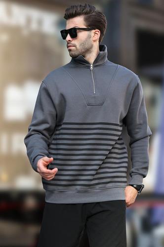 Füme Fermuar Yakalı Çizgili Sweatshirt 7056
