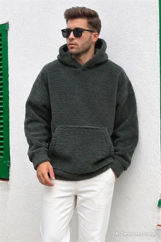 Haki Oversize Peluş Erkek Sweatshirt 6160