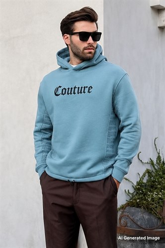 Mavi Kapüşonlu Cep Detaylı Baskılı Erkek Sweatshirt 7090