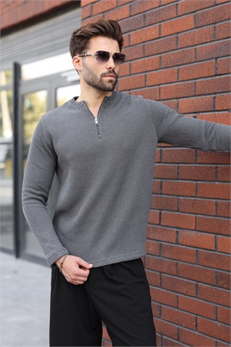 Füme Bisiklet Yaka Fermuar Detaylı Erkek Triko Sweatshirt E7209