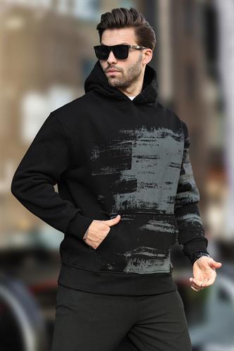 Siyah Kapüşonlu Desenli Cep Detaylı Erkek Sweatshirt 7059