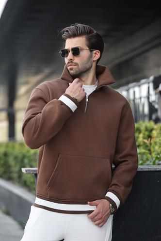 Kahverengi Fermuarlı Dik Yaka Kanguru Cep Erkek Sweatshirt E7159