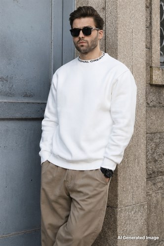Ekru Bisiklet Yaka Şardonlu Erkek Sweatshirt 7047
