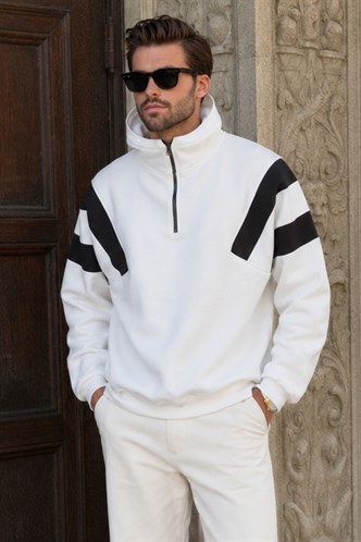 Ekru Fermuarlı Yaka Kapüşonlu Erkek Sweatshirt E7161