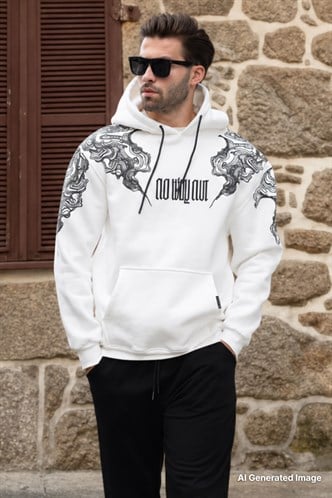 Ekru Kapüşonlu Cep Detaylı Baskılı Erkek Sweatshirt 7052